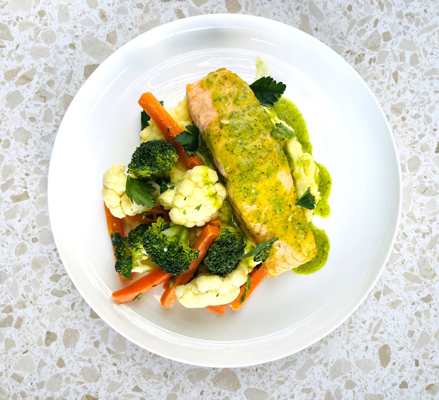 Oven Baked Salmon with Herb Butter, Mash & Veg| Naturally GF 400-450g